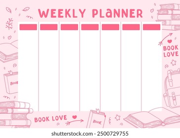 Weekly planner with School doodles. Books, backpack and flowers for first day of school. Back to School background. Cute lifestyle planner is for 7 days. Schedule design template. Vector illustration.