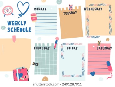 Weekly planner or school schedule, timetable, daily routine, organizer template. Concept of elementary school education in flat style. Colored pencils. Stylish web template for online order, web