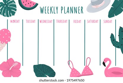 Weekly planner, school scheduler, organizer or to-do list with handwritten lettering and cute summer tropical hand drawn doodle elements around vector illustration.
