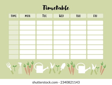 Weekly planner, school timetable with gardening theme.