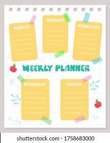 Weekly planner for  schoolchildren. Vector illustration in cartoon flat style. Back to school.