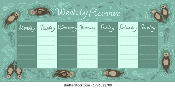 Weekly planner with sea otters. Vector graphics.