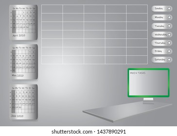Weekly planner for second quarter of 2020 year on metallic sheets with chart and PC screen for main tasks standing on 3d gray desk. All potential trademarks are removed. 