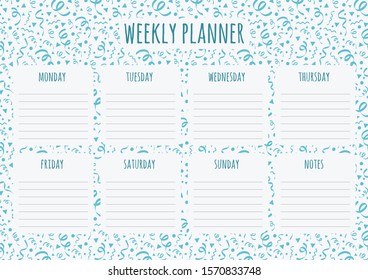 Weekly planner with serpentines, daily plans and notes. Vector
