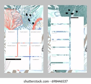 Weekly planner set. Hand drawn brush strokes. Abstract tropical background in pastel colors. Ginkgo biloba leaves.