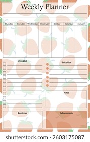 Weekly planner set icon. Strawberry background with full week overview, checklist, notes, priorities, and goal section, perfect for sweet and organized lifestyle.