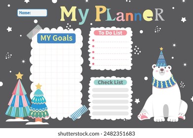 Wochenplaner mit sitzendem Eisbär und Weihnachtsbäumen im flachen Cartoon-Stil. Planen Sie Vorlage, Wochenplaner für den Druck. Cartoon-Vektorillustration für Kinder.
