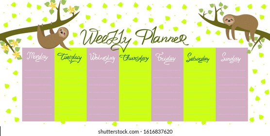 Weekly planner with sloths and leaves. Vector graphics.