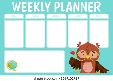 Weekly Planner with Smart Owl Character as Forest Animal Vector Template