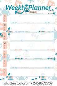 Weekly planner with snowflakes and winter elements, vector illustration