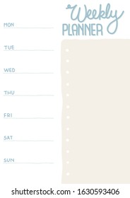 Weekly planner with space for notes on all days of the week. Vector isolated outline hand drawn check to do list. A4 sheet proportion.