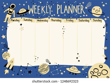 Weekly planner with space theme in cartoon style. Kids schedule design template