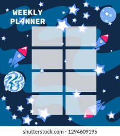 WEEKLY PLANNER with a space theme. Children's organizer. Time for adventure and space travel. The layout can also be used for children's photos.
