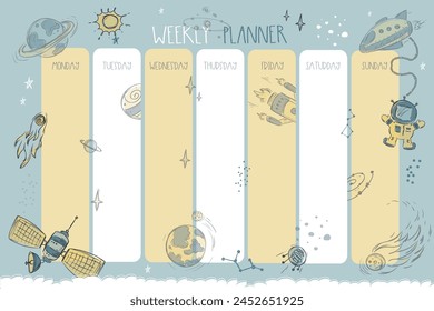 Weekly planner with spaceships and ufo. Adorable aliens, astronauts and space objects. Time management. Template page for web, print. Doodle hand drawn design. vector illustration