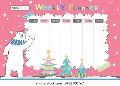 Weekly planner with standing polar bear and Christmas trees in flat cartoon style. Schedule template, weekly planner for printing. Cartoon vector illustration for kids. Pink Background.