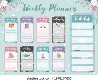 Weekly planner start on Sunday with bear cub,fox,wild,to do list that use for vertical digital and printable A4 A5 size