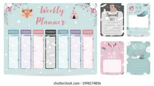 Weekly planner start on Sunday with bear cub,fox,wild,to do list that use for vertical digital and printable A4 A5 size