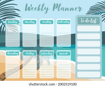 Weekly planner start on Sunday with beach,sea,to do list that use for vertical digital and printable A4 A5 size