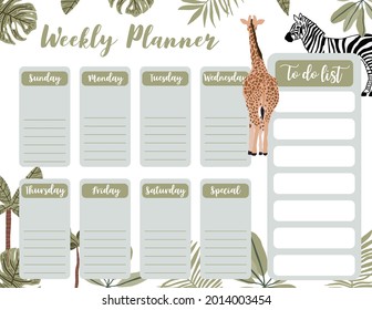 Weekly planner start on Sunday with safari,to do list that use for horizontal digital and printable A4 A5 size