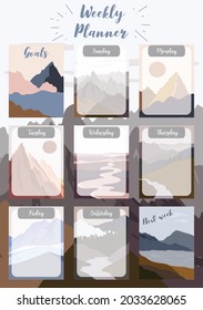 Weekly planner start on Sunday with mountain,sun,to do list that use for vertical digital and printable A4 A5 size