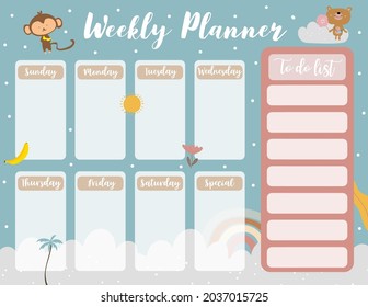 Weekly planner start on Sunday with animal and sun,to do list that use for vertical digital and printable A4 A5 size