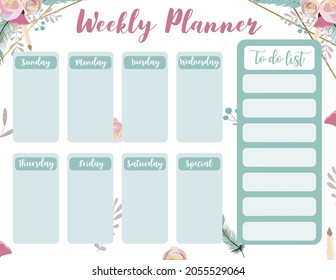 Weekly planner start on Sunday with animal and sun,to do list that use for vertical digital and printable A4 A5 size