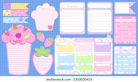 Weekly Planner stickers. Signs, symbols, objects and templates for planners, invitations, notebooks, diaries and cards. Personal memo, paper blank list, document , cardboard. 
Vector illustration