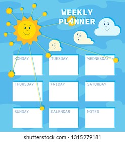 WEEKLY PLANNER with sweet sun and floating clouds. Baby organizer with days of the week and a place for text. Notes, frame.