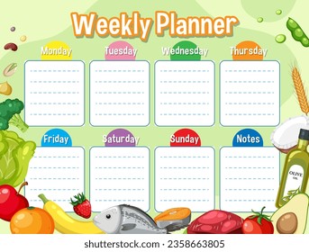 Calendario de tabla de planificadores semanales con ilustración de tema de alimentos