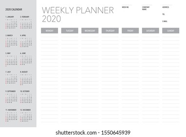 Weekly planner template and 2020 calendar for companies and private use