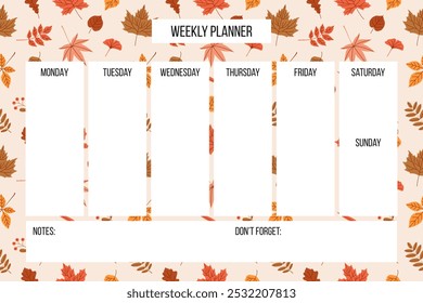 Weekly planner template with autumn background. Illustration with fall elements for planner. Personal organizer vector.