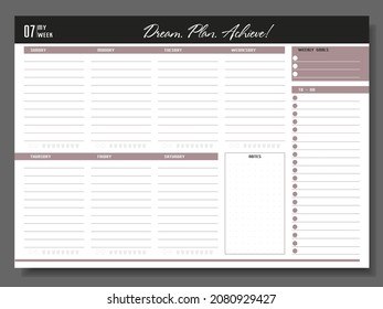 
Weekly planner template. Blank notebook page isolated on grey. Business organizer page. Paper sheet