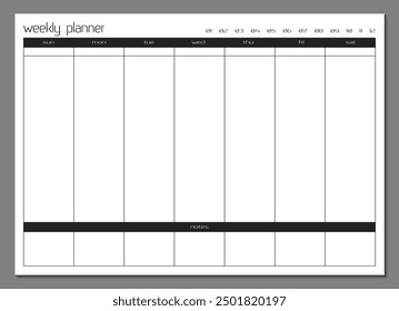 Weekly planner template. Blank notebook page isolated on grey. Business organizer page. Paper sheet 22