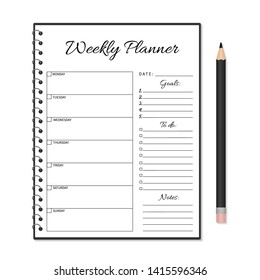 Weekly planner template. Blank white notebook page with pencil isolated on white. Organizer page. Paper sheet. Stationery for education, office, life planning. Realistic vector illustration.