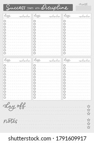 Weekly planner template with checklists and lettering. Simple printable to do list weekly and daily. Weekly planner checklist. Vector illustration
