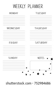 Weekly Planner Template  in clean minimal simple style. Decorate black random stars. Handwritten isolated days and numbers. Place for Notes