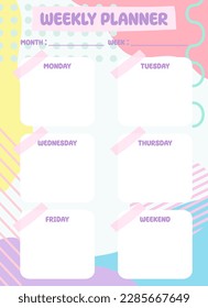 Weekly planner template with colorful hand drawn geometric background. Flat style. Vector illustration.