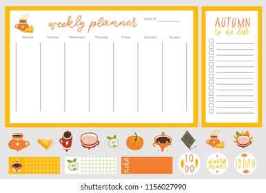 Weekly planner template concept with autumn mood. Isolated organizer and schedule with notes and to do list. Vector eps 10.