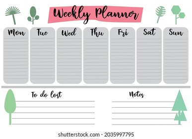 Weekly planner template with concept ecology and green trees.
