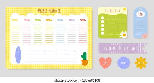 Weekly planner template with cute cactus in doodle style.Schedule and Organizer with to do list,notes,tag and sticker.