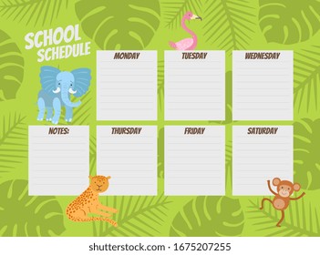 Weekly Planner Template, Cute Calendar, Diary, Organizer or Schedule with Place for Notes and Cute African Animals Vector Illustration