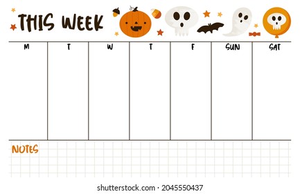 Weekly planner template. Daily check list. Organizer and schedule with place for Notes. Vector illustration with halloween autumn elements. Cute and trendy
