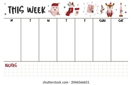 Plantilla de planificación semanal. Lista de comprobación diaria. Organizar y programar con un lugar para Notas. Ilustración vectorial con elementos navideños. Agradable y moderno