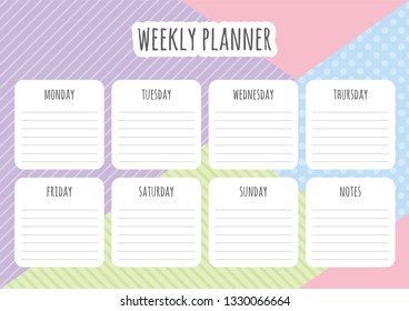 Weekly planner template with daily plans and notes on abstract geometrical background. Vector