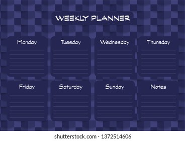 Weekly planner template with daily plans and notes on abstract background. Vector