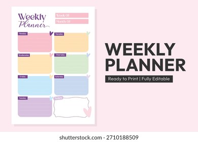 Diseño de Plantilla de planificador semanal. Colorido diseño de programación semanal, página de planificador imprimible. Plantilla de Pastel Planner.