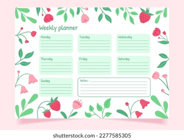 Weekly planner template design with pink flowers and leaves. 