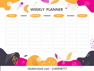 Diseño de plantilla semanal con hojas vectoriales de árboles tropicales, cristales y elementos espaciales. Palm, constelaciones, cometas, estrellas. Ilustración del vector