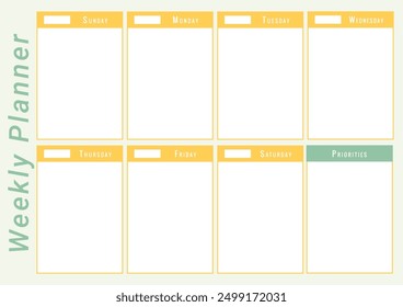 Weekly planner template. To do list with place for schedule by days of the week, priorities. Horizontal A4 page