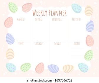Weekly planner template with Easter eggs in pastel colors. Printable stationary mockup with cute Ostara eggs frame composition